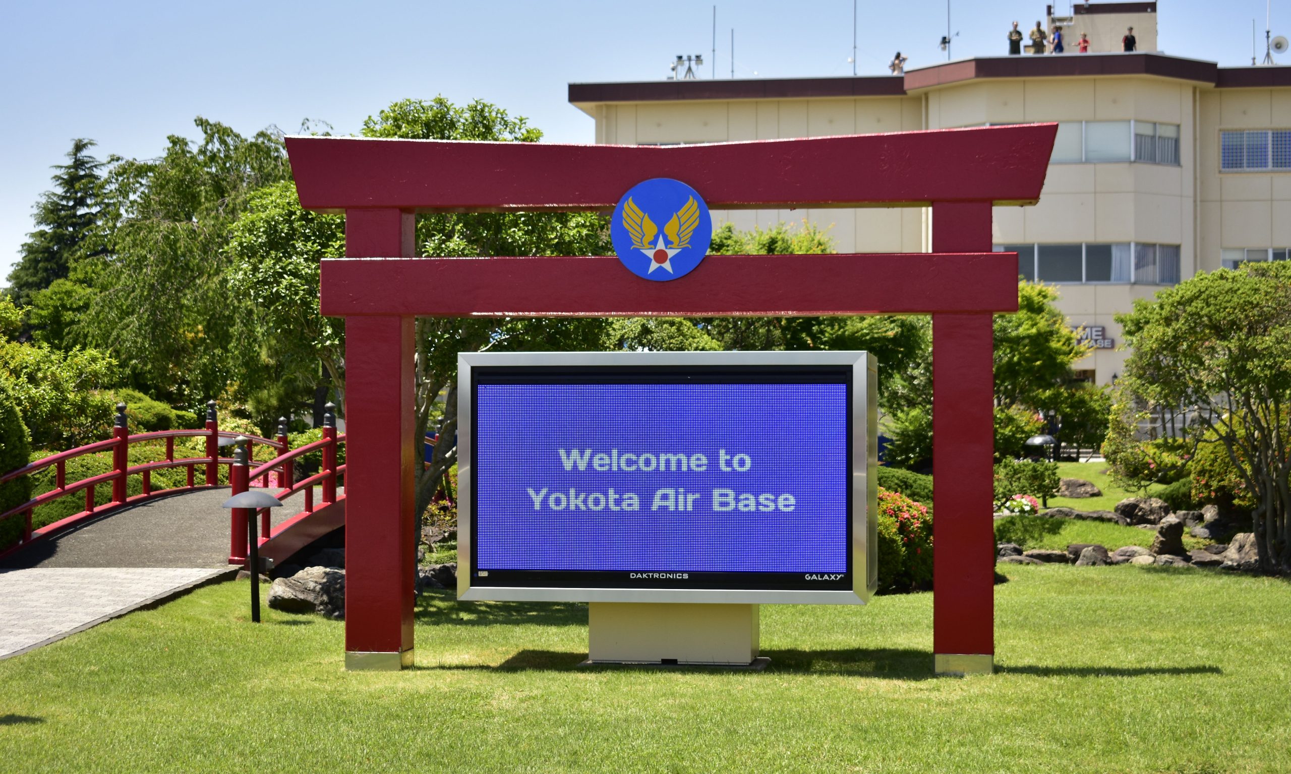 Tori gate with Welcome to Yokota Air Base in Japan