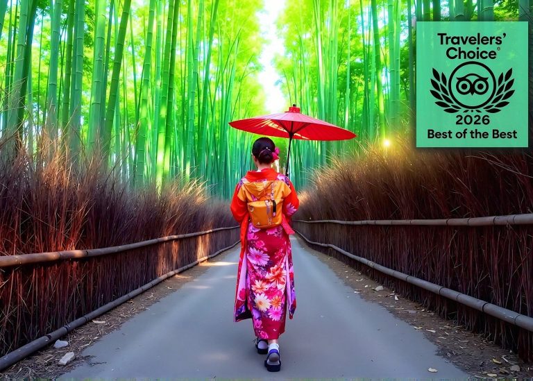 japanese woman walking through bamboo forest in kyoto japan